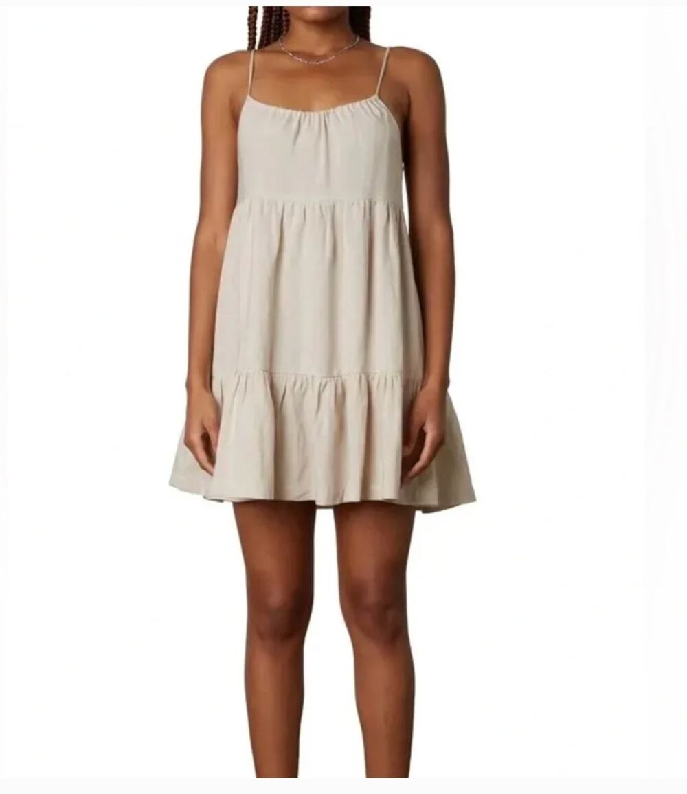 NIA Linen blend babydoll mini dress spaghetti strap pockets oat beige size XL